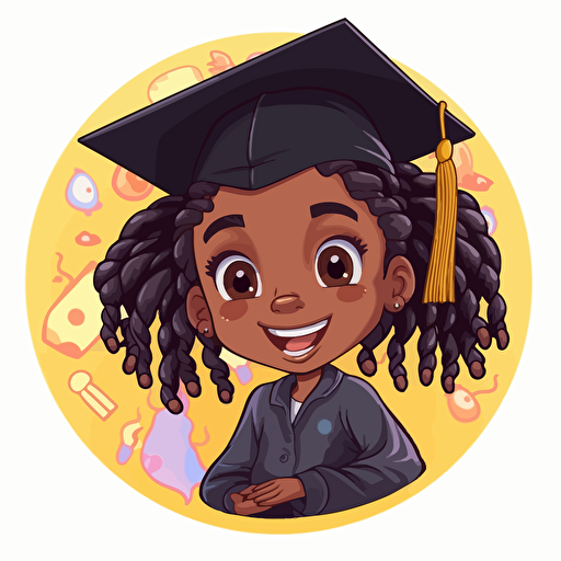 happy black girl, dreadlocks, graduation cap, vector art, sticker style, kawaii style