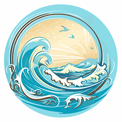 stylized beach scene inside a token circle, vector style logo, blue sea colour background, swirls wrapped around the beach, HD