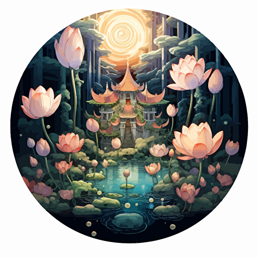 round up design with digital illustration of lotus flowers, magic world inspired by Studio Ghibli, vector illustration, intricate details, unreal engine, extremely high detailing, sharp, white background