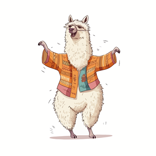 cute lama vector drawing , white background happy and dancing