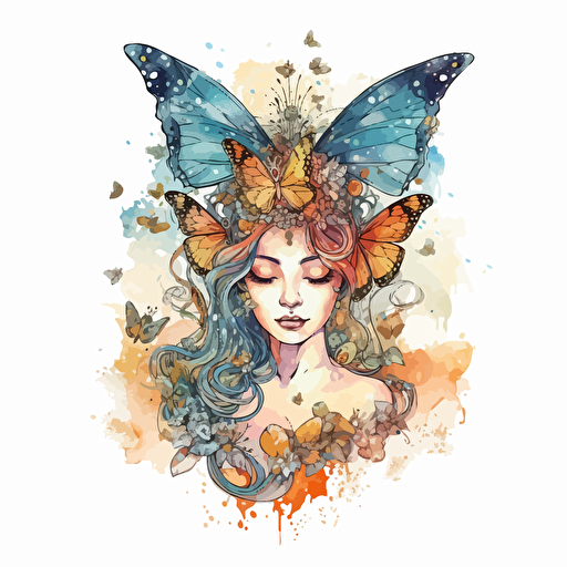 a beautiful ethereal queen butterfly fairy with a surrounding celestial design in detailed drawing style + simple vector + bright colors on a white background