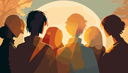 A warm sunny summer day in the late afternoon sun a background context. vector art, softly colored modern day people, small group, huddled together praying with heads bowed and holding each other's hands, facing the horizon. Make the angle wide angle with some depth of field . Wide angle with some depth of field