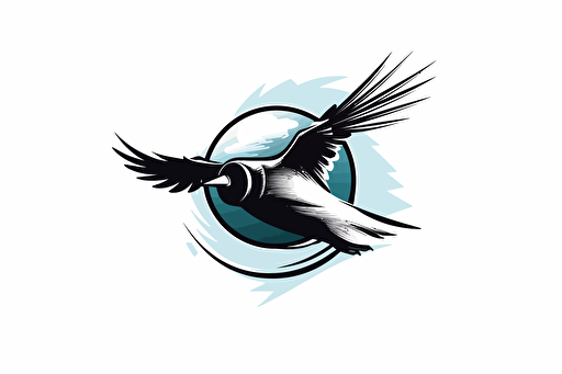 swift bird flying fast with a camera, vector logo, minimalist, simple, two color, blue, white, black