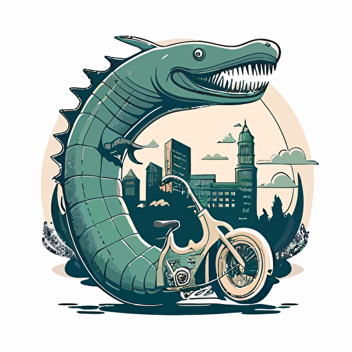 loch ness monster on a chopper in a bad part of the city, vector logo, vector art, emblem, simple cartoon, 2d, no text, white background