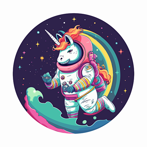 anthropomorphic unicorn in an astronaut riding a rainbow suit in space vector style. design in circle. transparent background