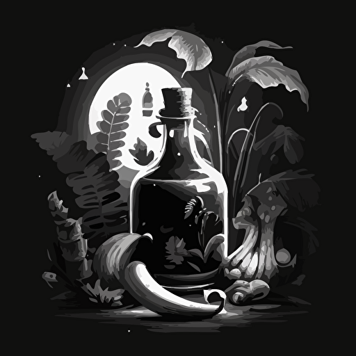 Black and WHite vector illustration of bananas and a magical potion. day time