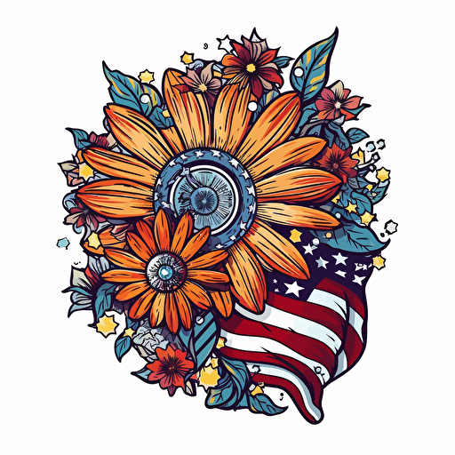 close up vector illustration for a sticker, of the head of a flower, no stem. its petals are colored in the stars and stripes of the american flag. on white background
