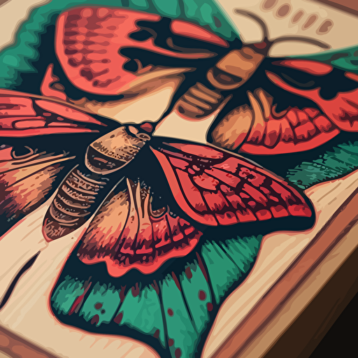 close up of a rosy maple moth, a luna moth and an atlas moth vector style wood block print