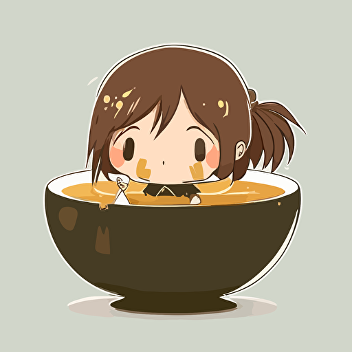 anime girl sitting in a big bowl of miso soup, 2d, vector art, cute, chibi, smiling, happy, mouth open