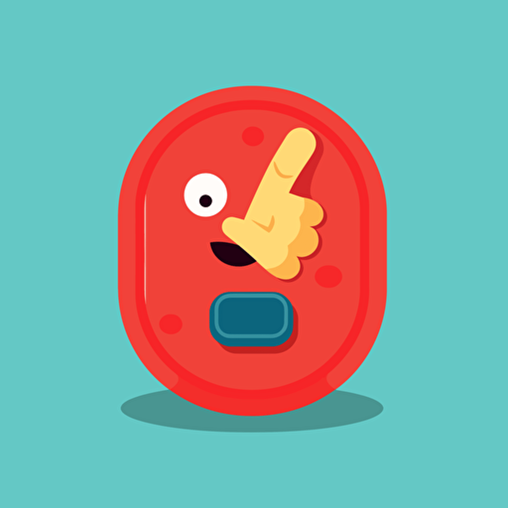 illustration of finger pressing down on a big red button, illustration, comic illustration, vector style, vector illustration, flat style, colorful, silly, goofy,