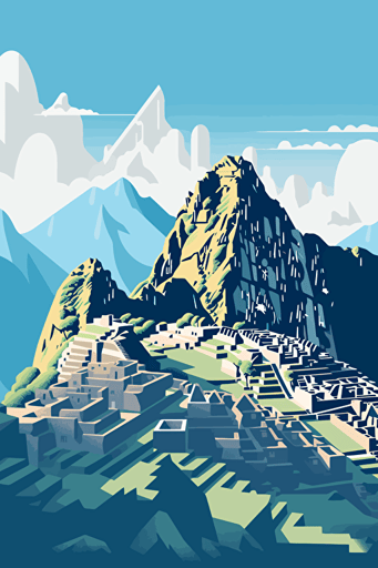 front view of machu pichu, blue sky, vector design, minimalist, flat