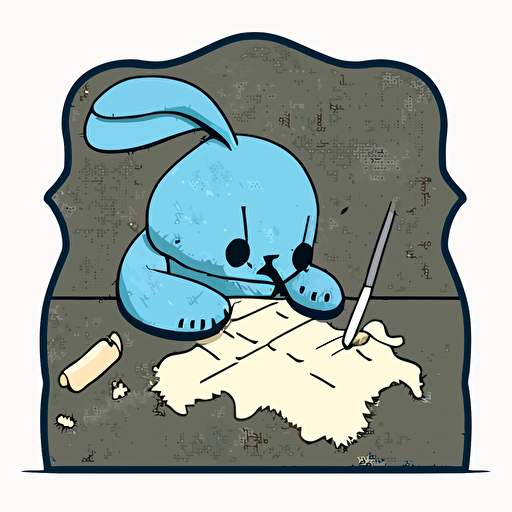 A simple vector style logo of a torn bunny creature hand-sewing a quilt, vector illustration