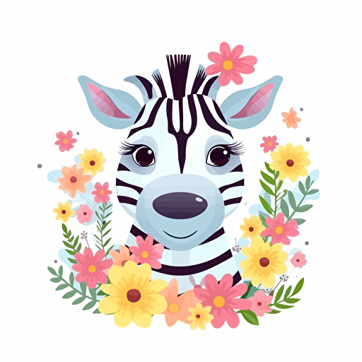 cute zebra with flowers, detailed, cartoon style, 2d clipart vector, creative and imaginative, hd, white background