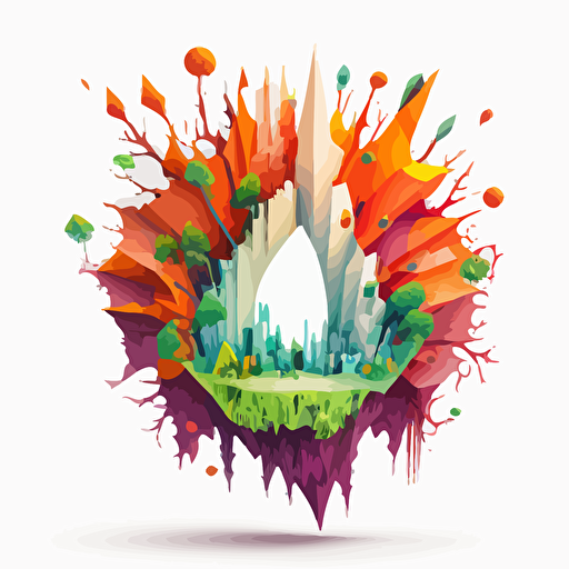 a 360°C geometric shape that explodes with an imaginary city inside. Nature is represented. Vector and childish style. Very colored. white background without shadow.
