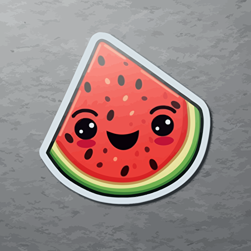 sticker, cute and happy slice of watermelon, kawaii, contour, vector, white border, gray background