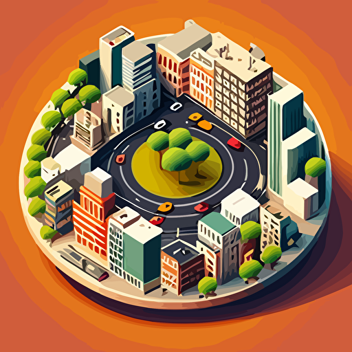 an isometric downtown city with tall buildings, roads and vehicles sitting on a circular flat disk in vector art style