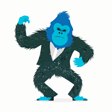 gorilla with blue furr, dancing alone, white background, illustrator, vector design, logo design, flat design, 2D, flat art, illustrator,