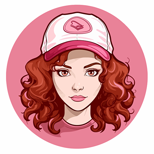 very simple vector logo of a girl with dark red very curly hair, a pink white cap, brown eyes, background pink