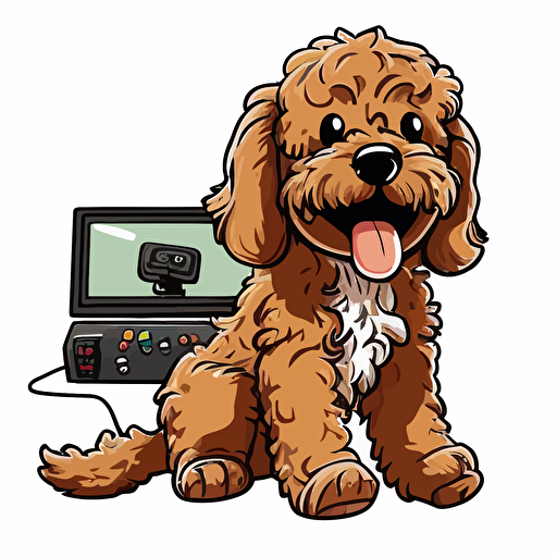 a very happy tan cockapoo playing video games cartoon style with white background, vector