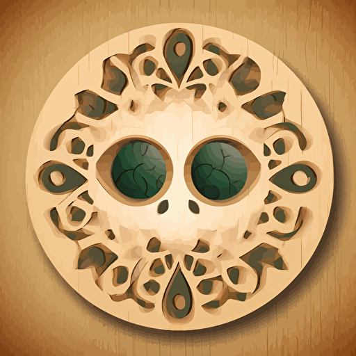 wooden face mask, circle background, vector style, brown, green