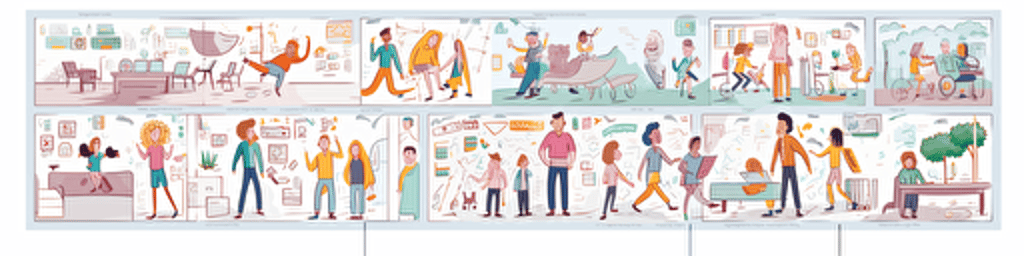 people drawing a roadmap on a long canvas, different kinds of skin and hair and gender, fun start-up, colorful vector illustration for slide presentation, flat color palette, true white background