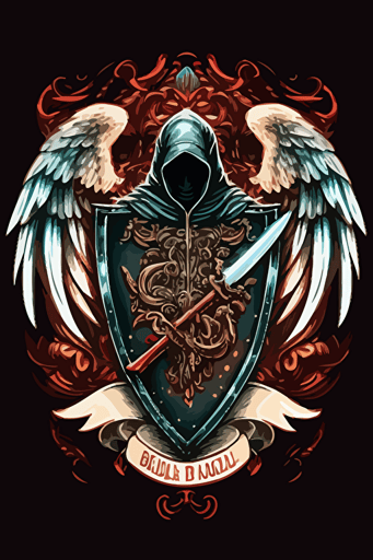 hooded reaper with sword shield and wings vector art style moral patch