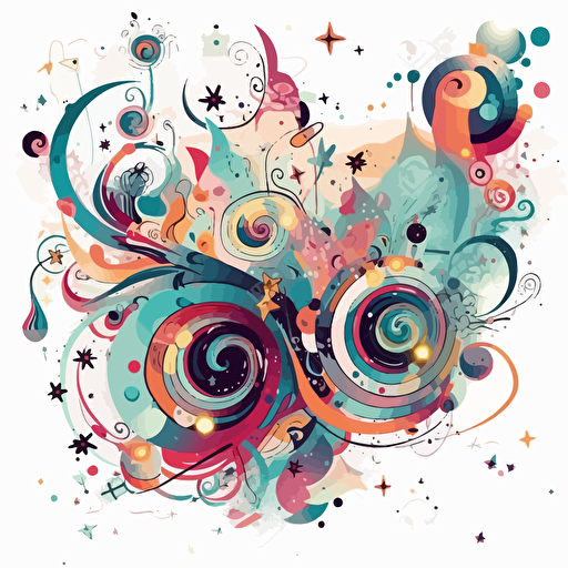 galaxies, stars, randomly distributed whimsical vector digital painting, white background