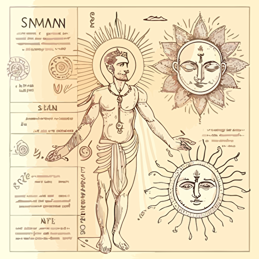 sun moon masculine feminine energy principles asana shankara upanishad veda meditation sanskrit devanagari varna mala isometric hand drawn sketches line drawing illustration vector