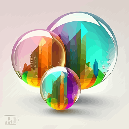 Several transparent balls with a city inside that roll. Vector styling. Very colored. White background