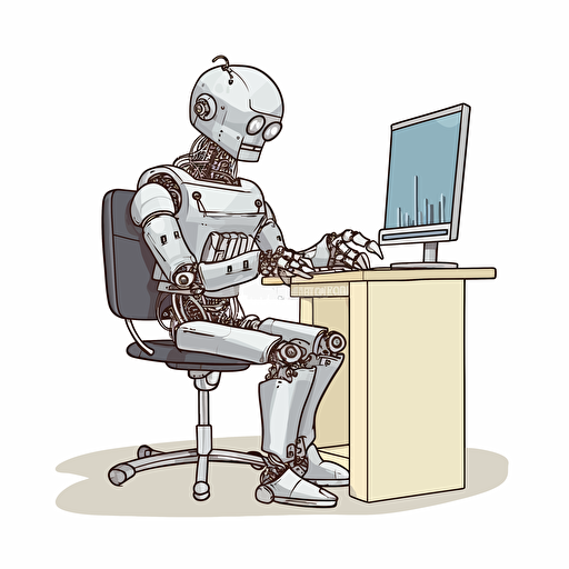 a friendly robot typing into a computer, white background, in the style of vector art,