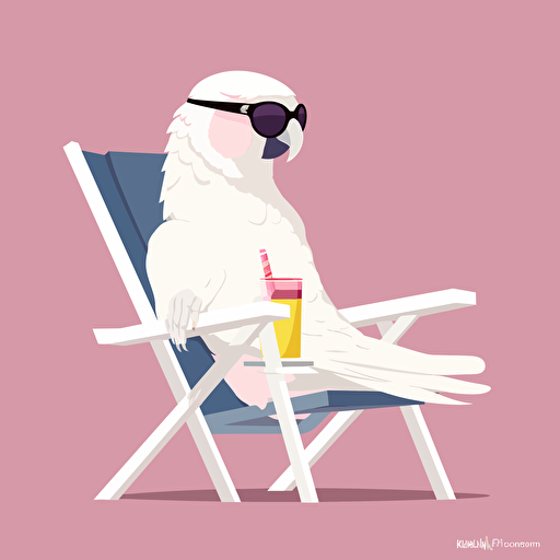 A white cockatoo wearing pink sunglasses, laying on its back in a lawn chair drinking a cocktail. flat style illustration for business ideas, flat design vector, industrial, light color pallet using a limited color pallet, high resolution, engineering/ construction and design, colored cartoon style, light indigo and light gold, cad( computer aided design) , white background