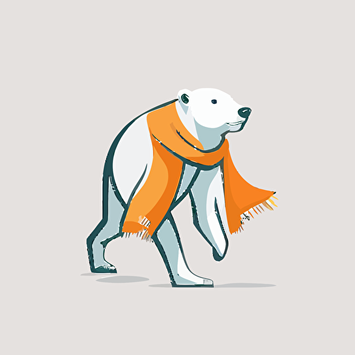 polar bear wearing orange scarf walking vector flat logo white background