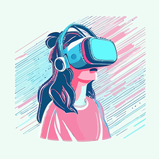 vector illustration, person in vr glasses, unsaturated muted blue-pink palette, white background