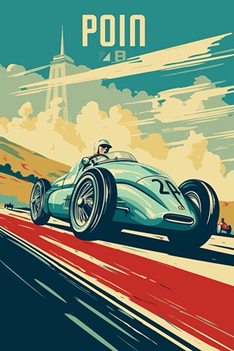poster art, racing sport event from 1940's, blue sky, clear light colours, minimalistic vector style,