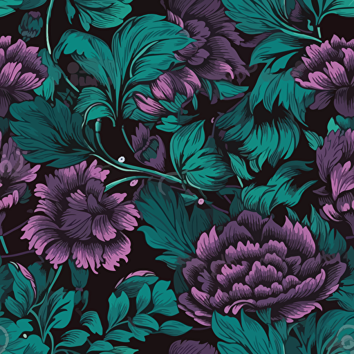 green leaves and flowers in the summer; vector seamless background, in the style of petrol and purple, baroque exaggeration, 1970–present, flowerpunk,