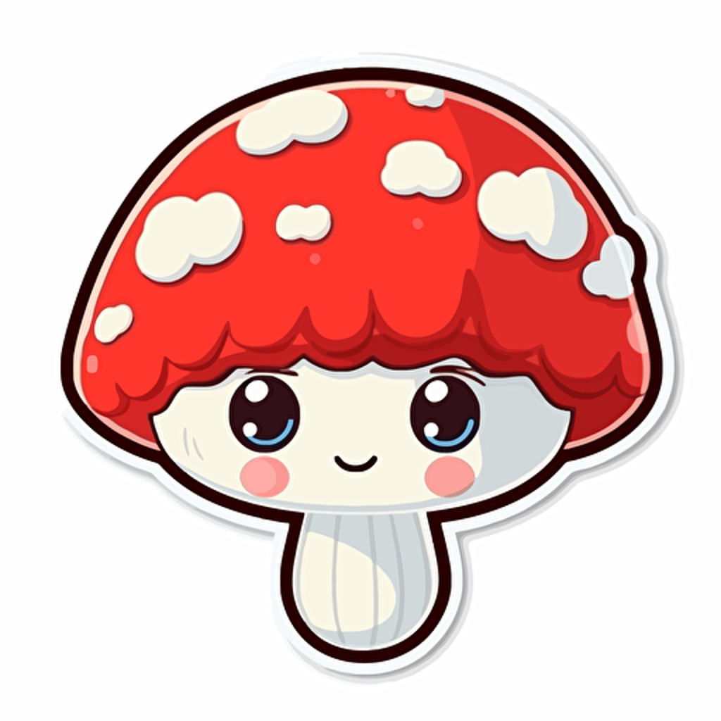 sticker, happy, cute, smiley red and white mushroom, kawaii, contour, vector, white background