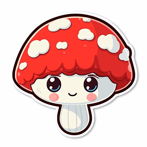 sticker, happy, cute, smiley red and white mushroom, kawaii, contour, vector, white background