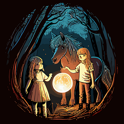 hand-drawn cartoon vector image in the style of "My little ponies", fantasy setting picture of 10 year old boy with a 10 year old girl in the woods at night and the girl is holding her hand out with glowing orb floating above her hand and their clothes should be like something from Lord of the Rings