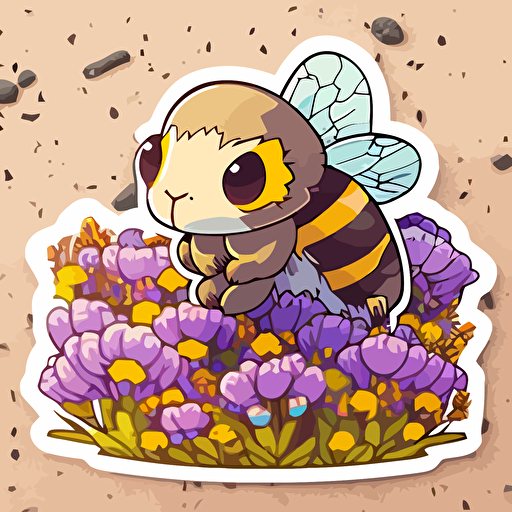 vector sticker design, cute cartoon kawaii style brown and yellow honey bee in a field of purple wildflowers