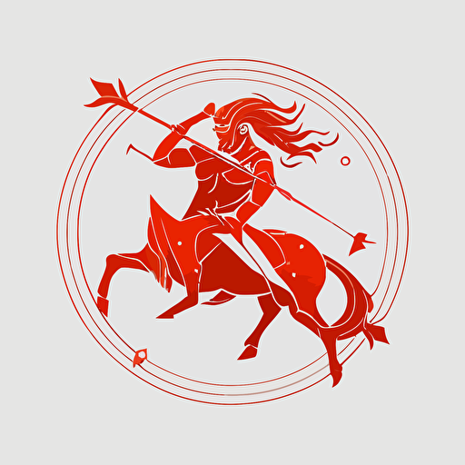 round logo of sagittarius. vector, flat, vermilion, simple, white clean backgound