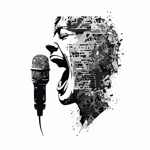 a microphone mixed with a mouth illustration, talking action, vector, black and white color, on a solid white background