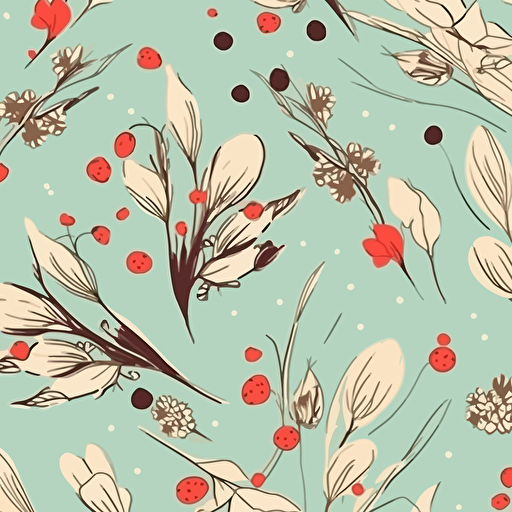 Vanilla flowers, oatmeal and grain in minimalistic style, fabric print in vibrant christmas themed colors vector pattern light mint color background