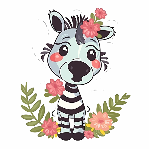 cute zebra with flowers, cartoon style, 2d clipart vector, creative and imaginative, hd, white background