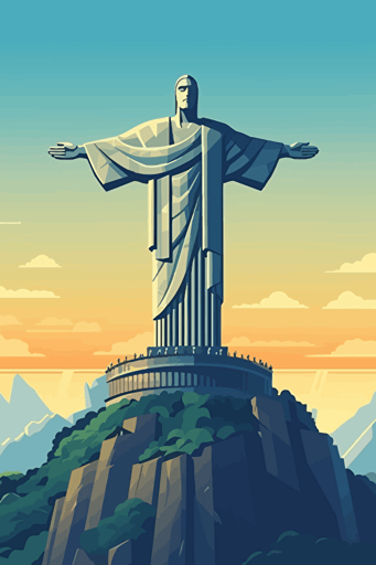 front view of Christ the redeemer, blue sky, vector design, minimalist, flat