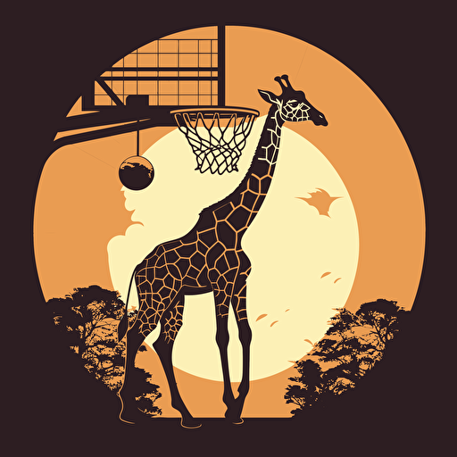 A vector of a giraffe playing basketball, gracefully dunking the ball into the hoop with its long neck.