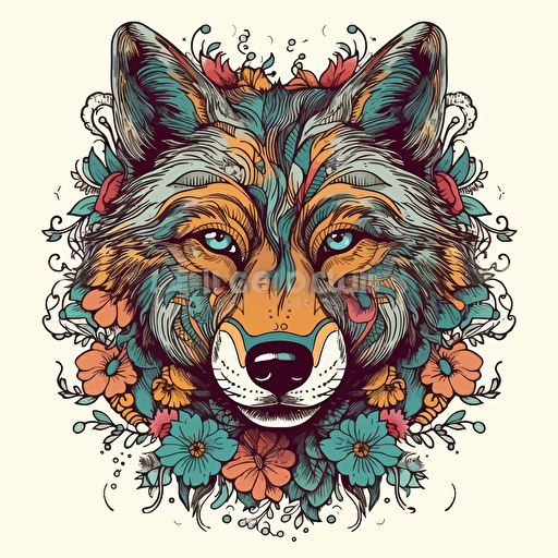 a beautiful wolf head with a surrounding floral design in detailed drawing style + simple vector + bright colors on a white background