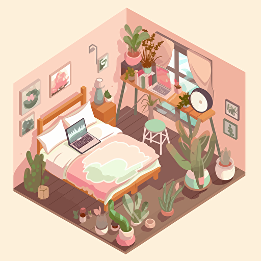 isometric bedroom, desk, bed, lots of house plants, kawaii aesthetic, evening time,vector art, dreamy, serene,