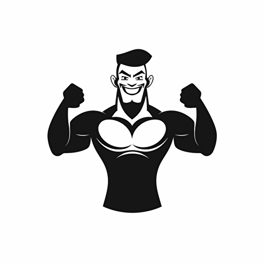 flexing out of shape man, vector style logo, funny cartoony, black only on white background, simple