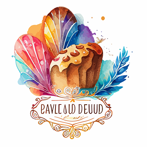 vector logo featuring baked goods such as a cake, a loaf of bread and a cookie, 5 vibrant watercolor colours, elegant, in the style of art nouveau against a white background