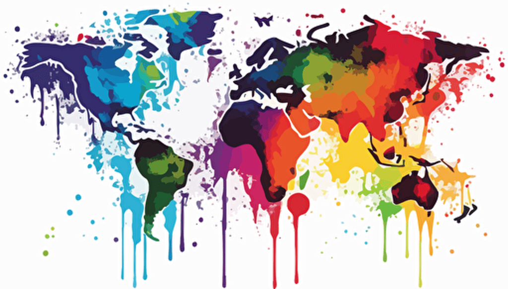 World Map Symbol, esoteric, minimalist, abstract, vector art, rainbow, color splashes, white background, colorful, splash style ,